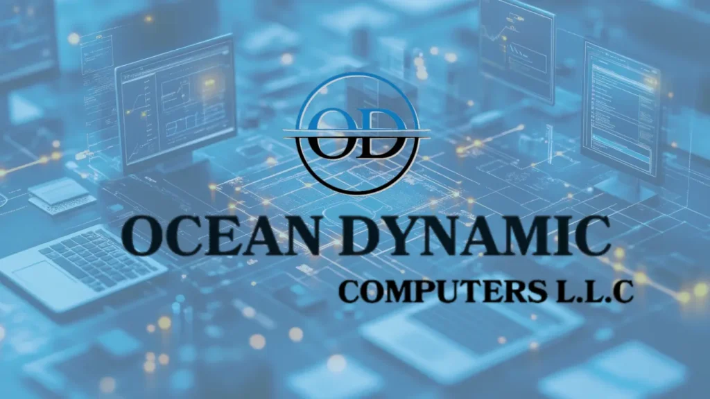 Ocean Dynamic Computers L.L.C logo displayed over a digital IT infrastructure background representing hybrid IT, cloud computing, and enterprise technology solutions
