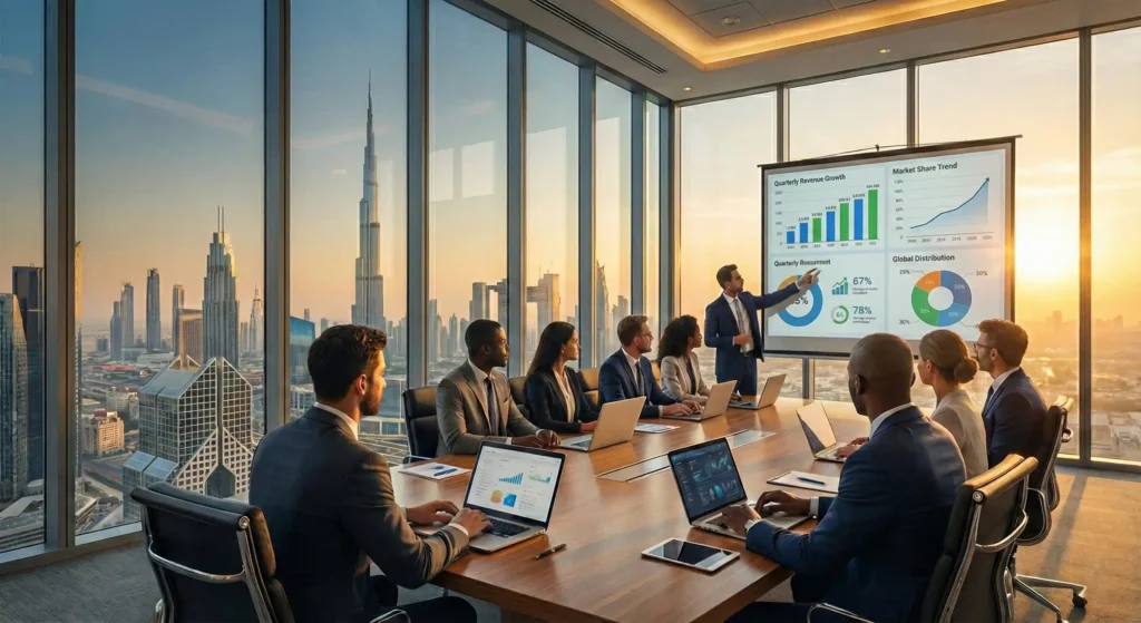 Business meeting in Dubai office discussing managed IT services UAE strategy by ODC with performance dashboards and IT infrastructure planning.