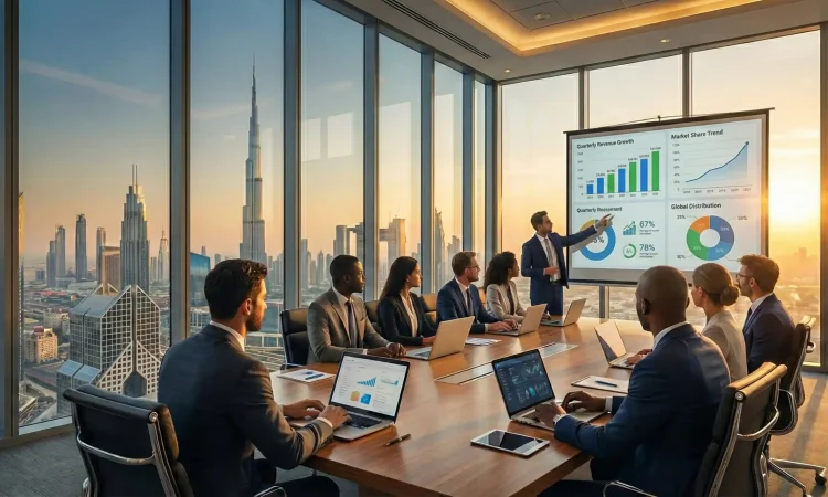 Business meeting in Dubai office discussing managed IT services UAE strategy by ODC with performance dashboards and IT infrastructure planning.